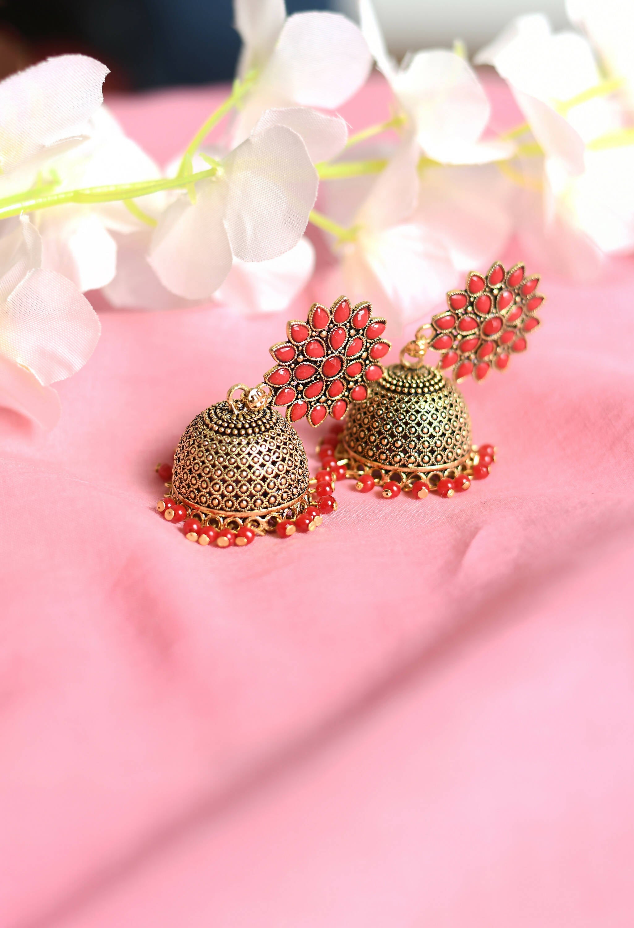 Joharkamal Kundan Jhumka Earrings with Red Beads, Gold-Plated Brass