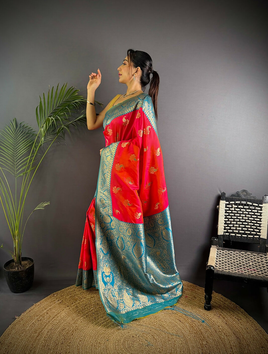 Hot Pink Banarasi Soft Silk Saree with Woven Butti Work