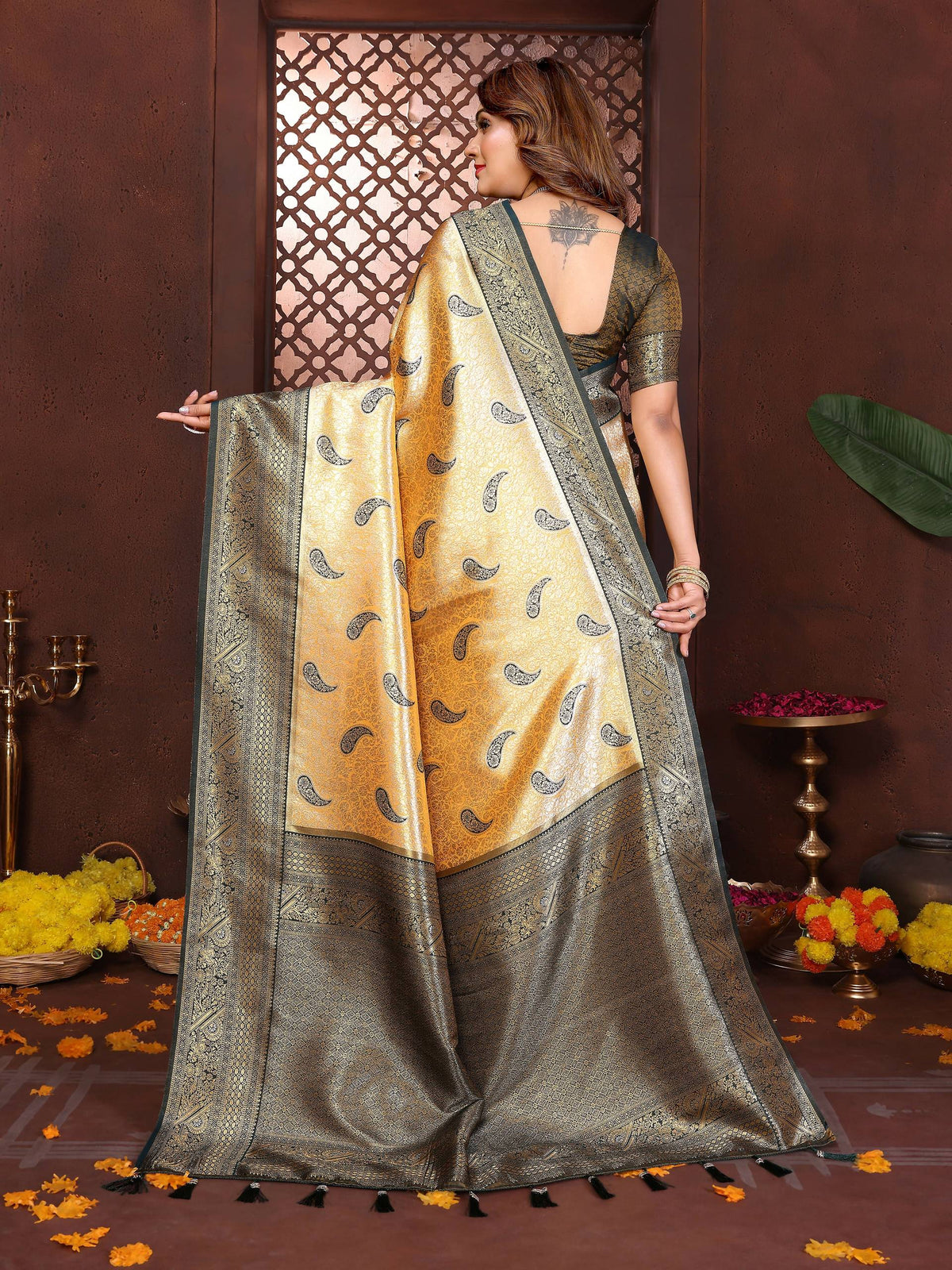 Mustard Tissue Silk Saree with Intricate Weaving Detail