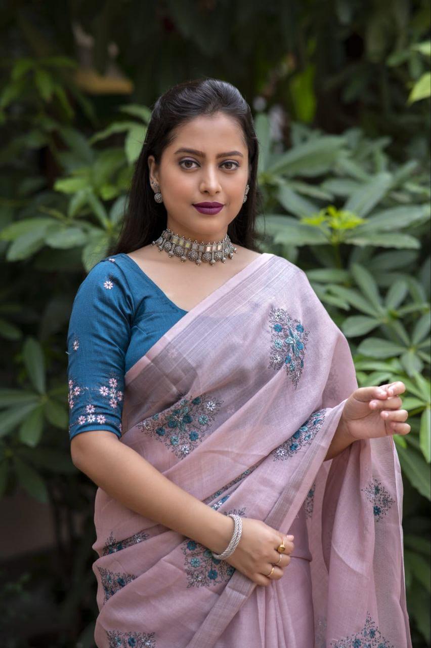 Mine Pure Linen Saree with Zari Weaving and Embroidered Blouse