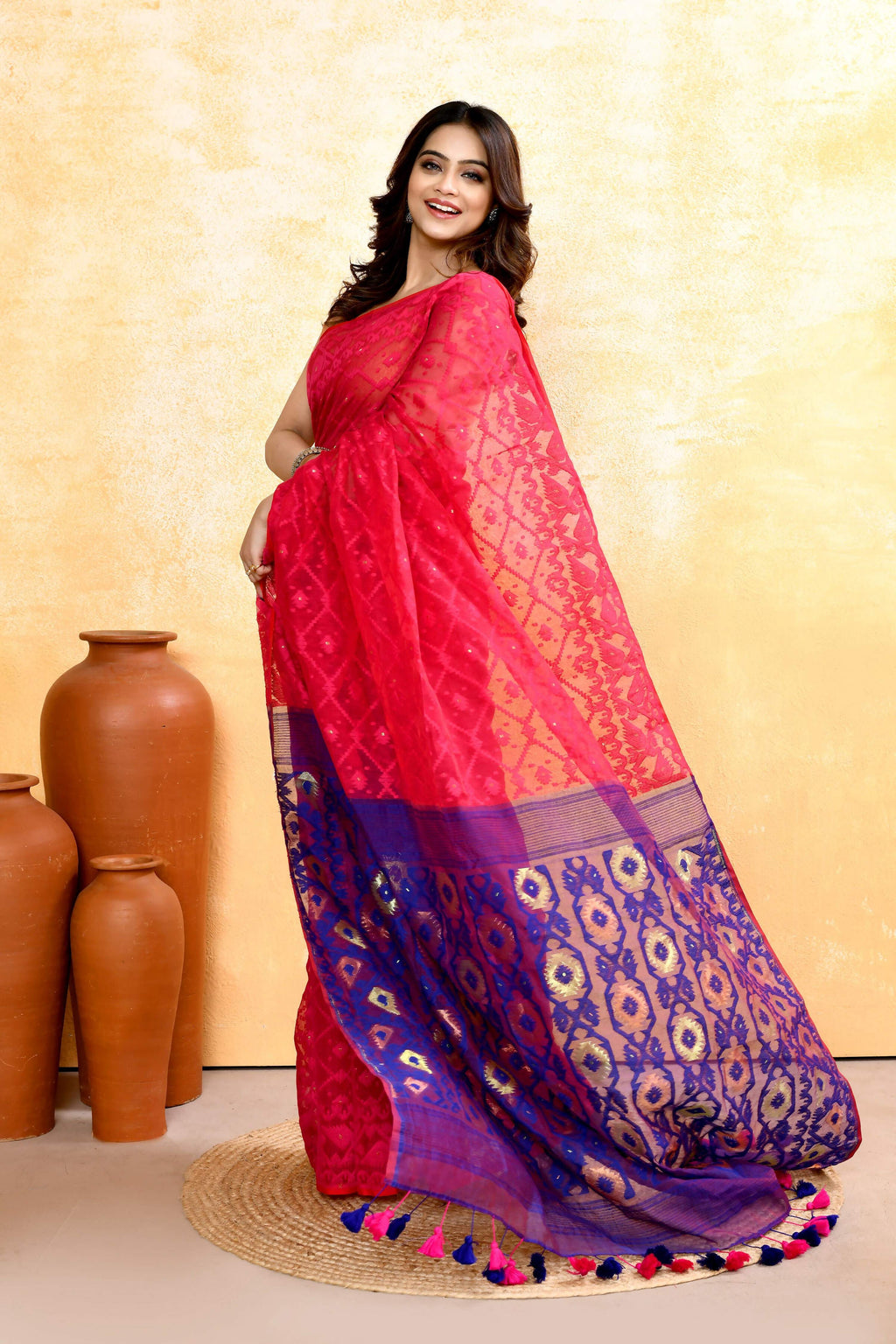 Rani Pink Embellished Cotton Blend Jamdani Saree for Women