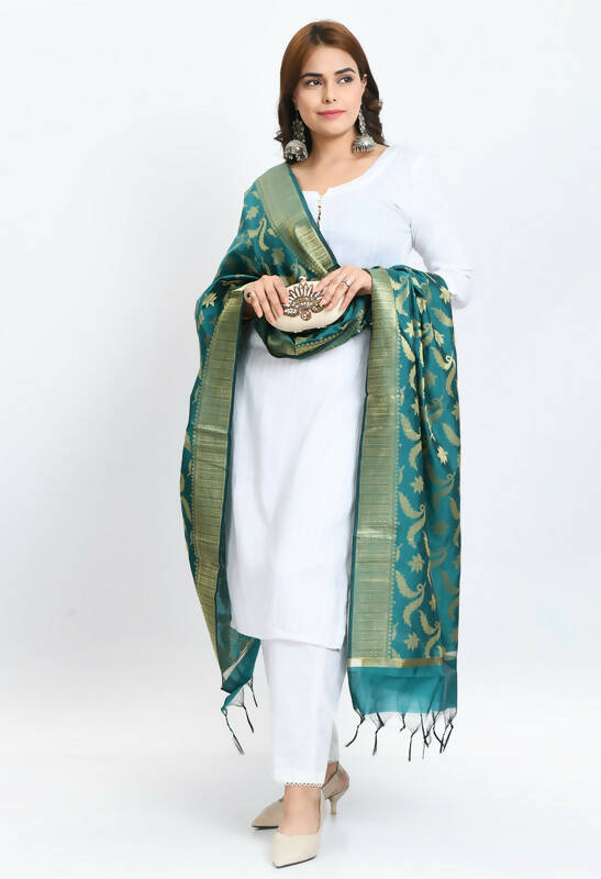 Rama Green Banarasi Silk Dupatta with Floral Woven Gold Design