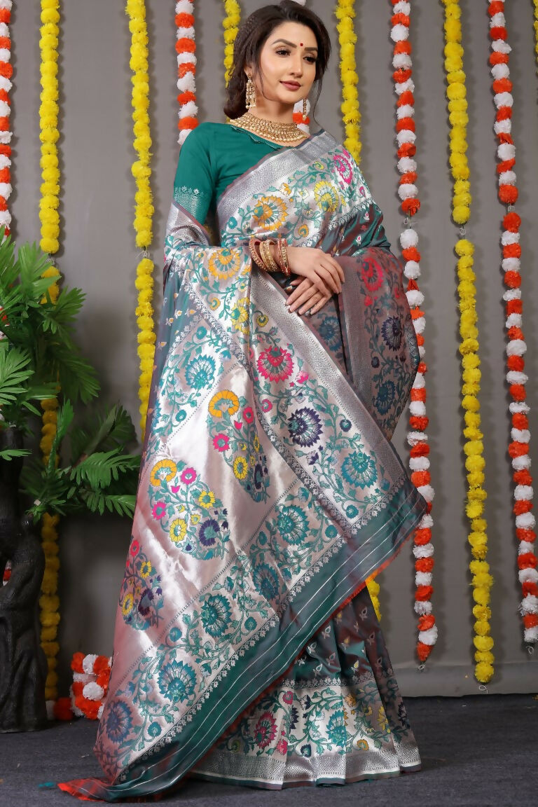 Bottle Green Banarasi Silk Zari Woven Saree with Matching Blouse