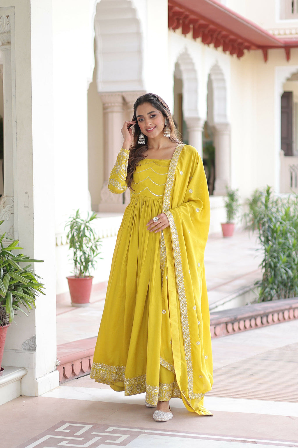 Yellow Silk Readymade Kurta Set with Sequins Embroidery