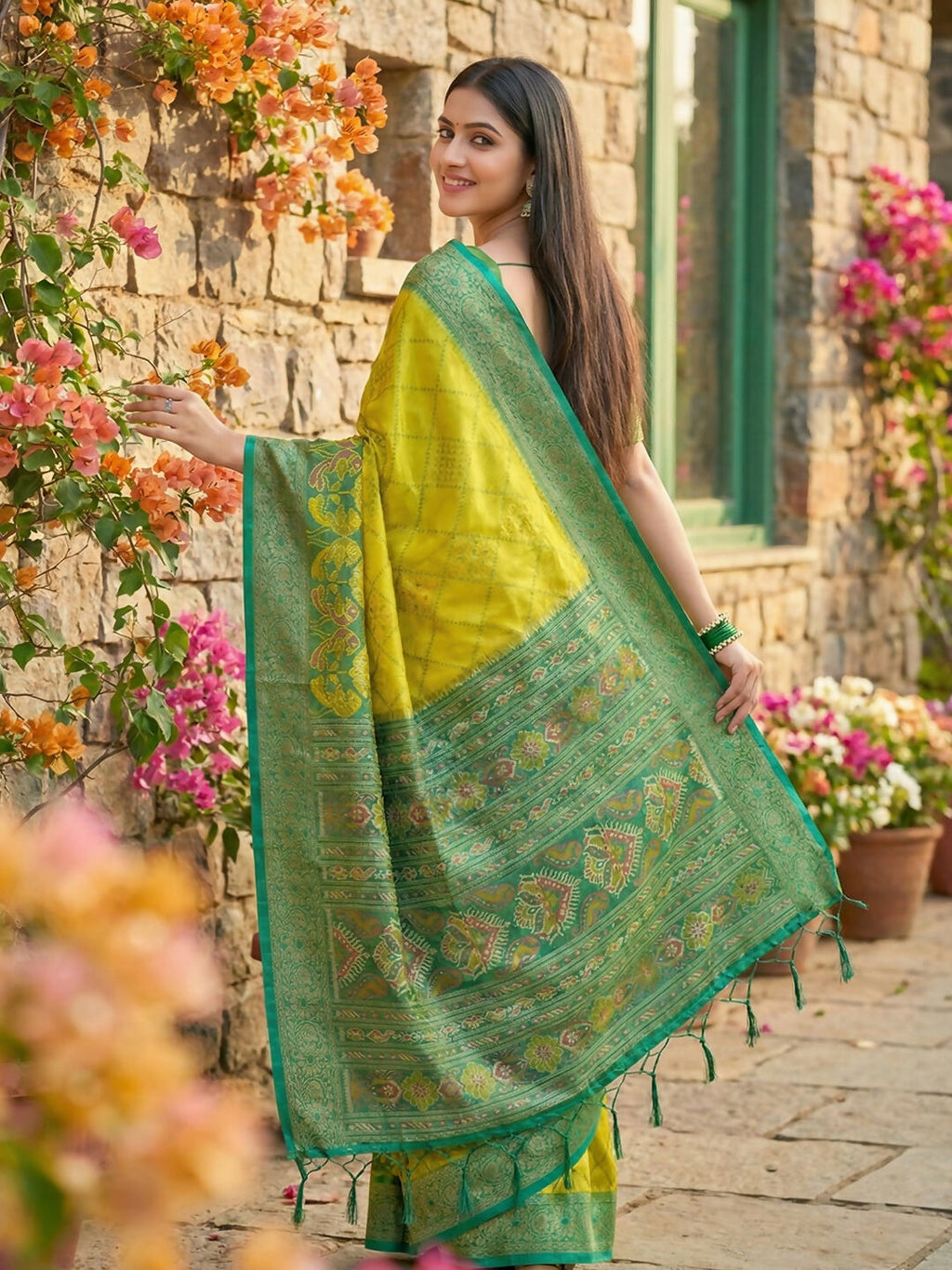Green Pochampally Silk Saree with Blouse Piece