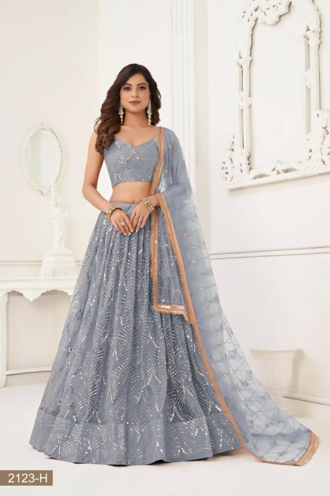 Light Gray Butterfly Net Lehenga with Mirror and Sequence Work