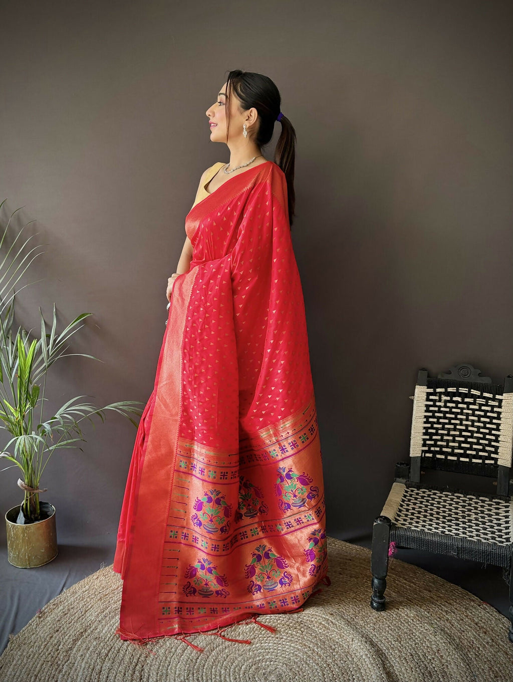 Red Jacquard Butti Soft Lichi Silk Paithani Saree
