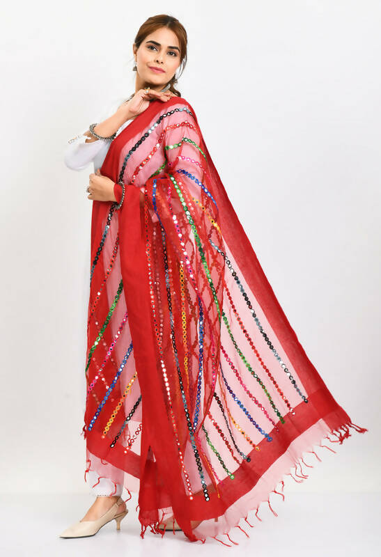 Red Organza Multi Thread Mirror Work Bohemian Dupatta