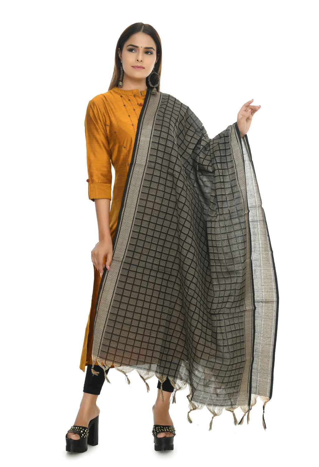 Solid black handloom cotton dupatta folded neatly.