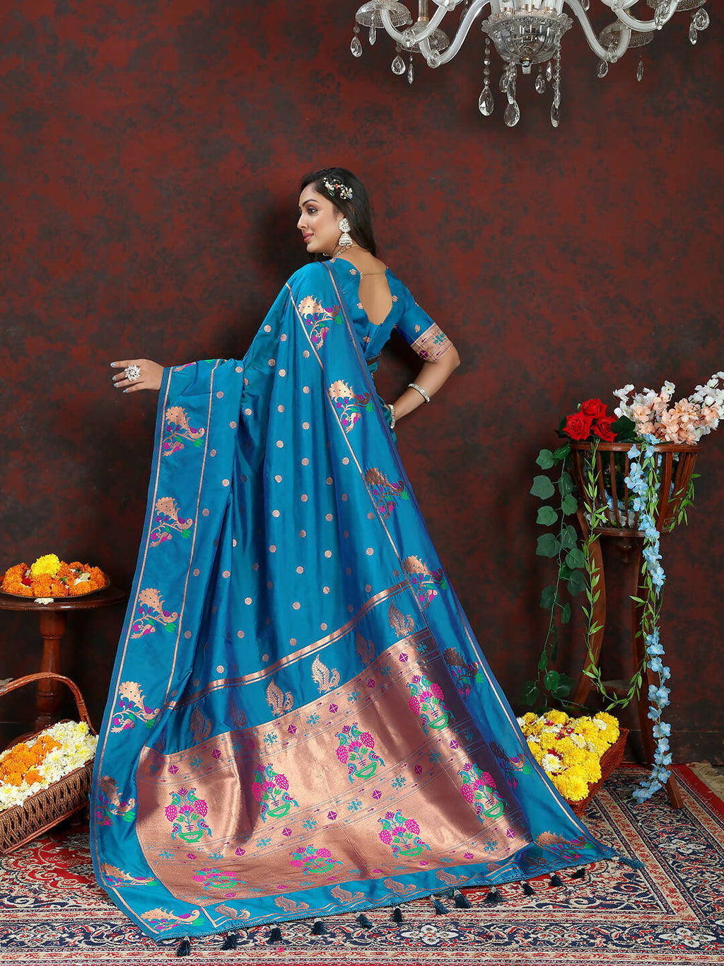 Lorenvalley Fashion Rama Soft Paithani Silk Woven Design Copper Zari Meenakari Weaving Saree