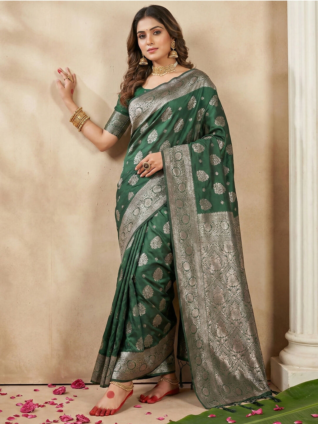 Dark Green Silk Blend Saree with matching blouse piece for festive events.