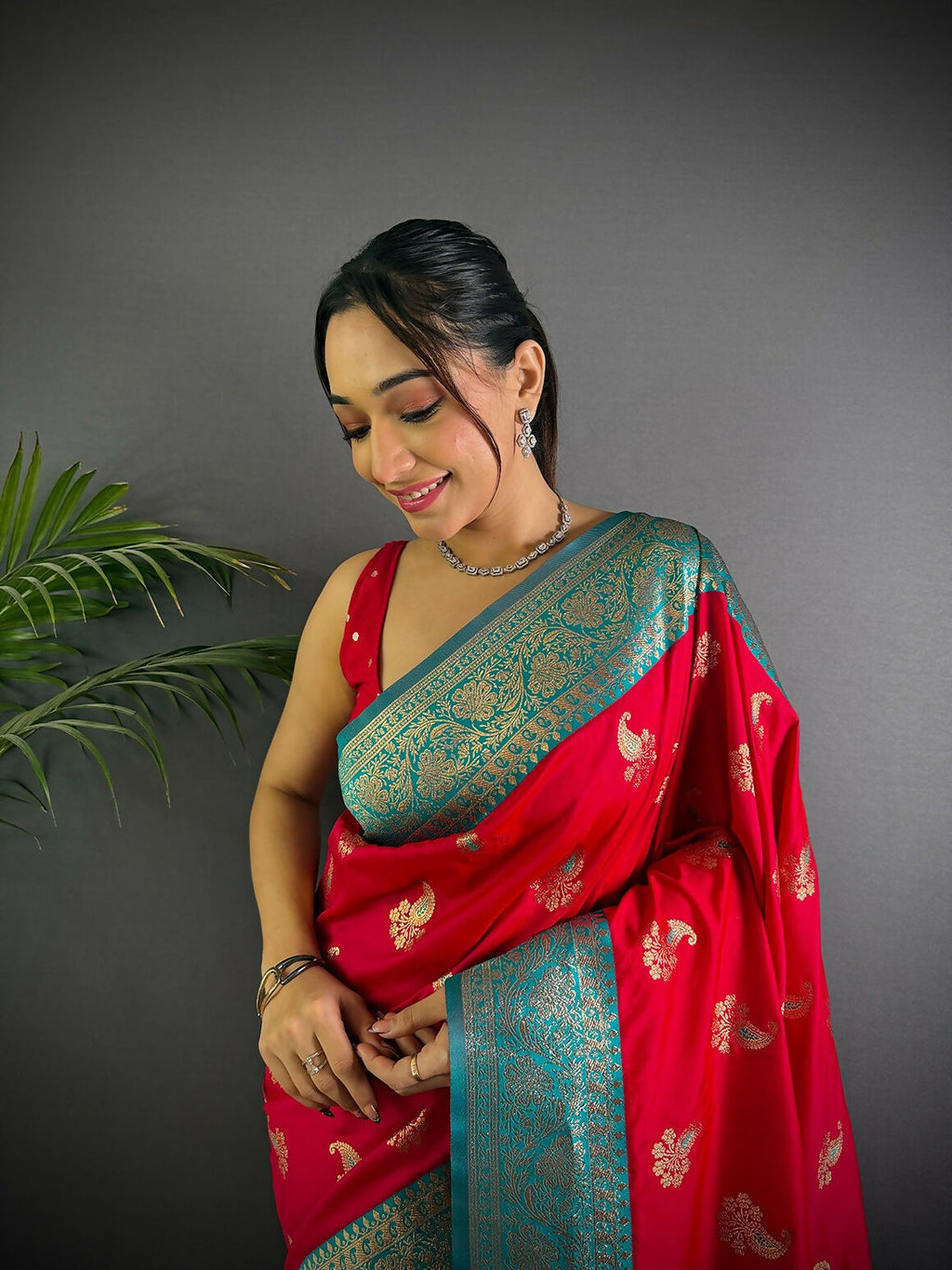Red Banarasi Woven Butti Soft Silk Saree for Festive Occasions