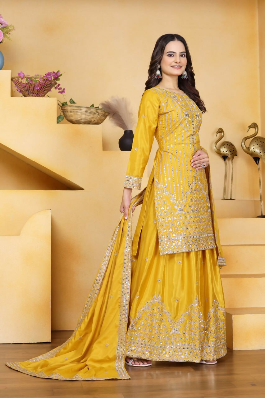 Yellow Crepe Embroidered Sharara Set for Festive Occasions