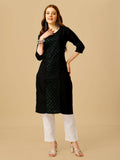 Black embroidered cotton blend kurta pant set with sequin detailing.