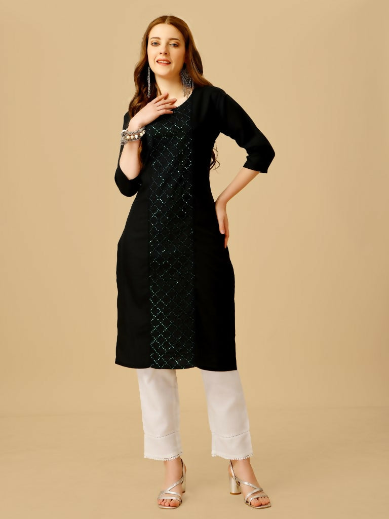Black embroidered cotton blend kurta pant set with sequin detailing.