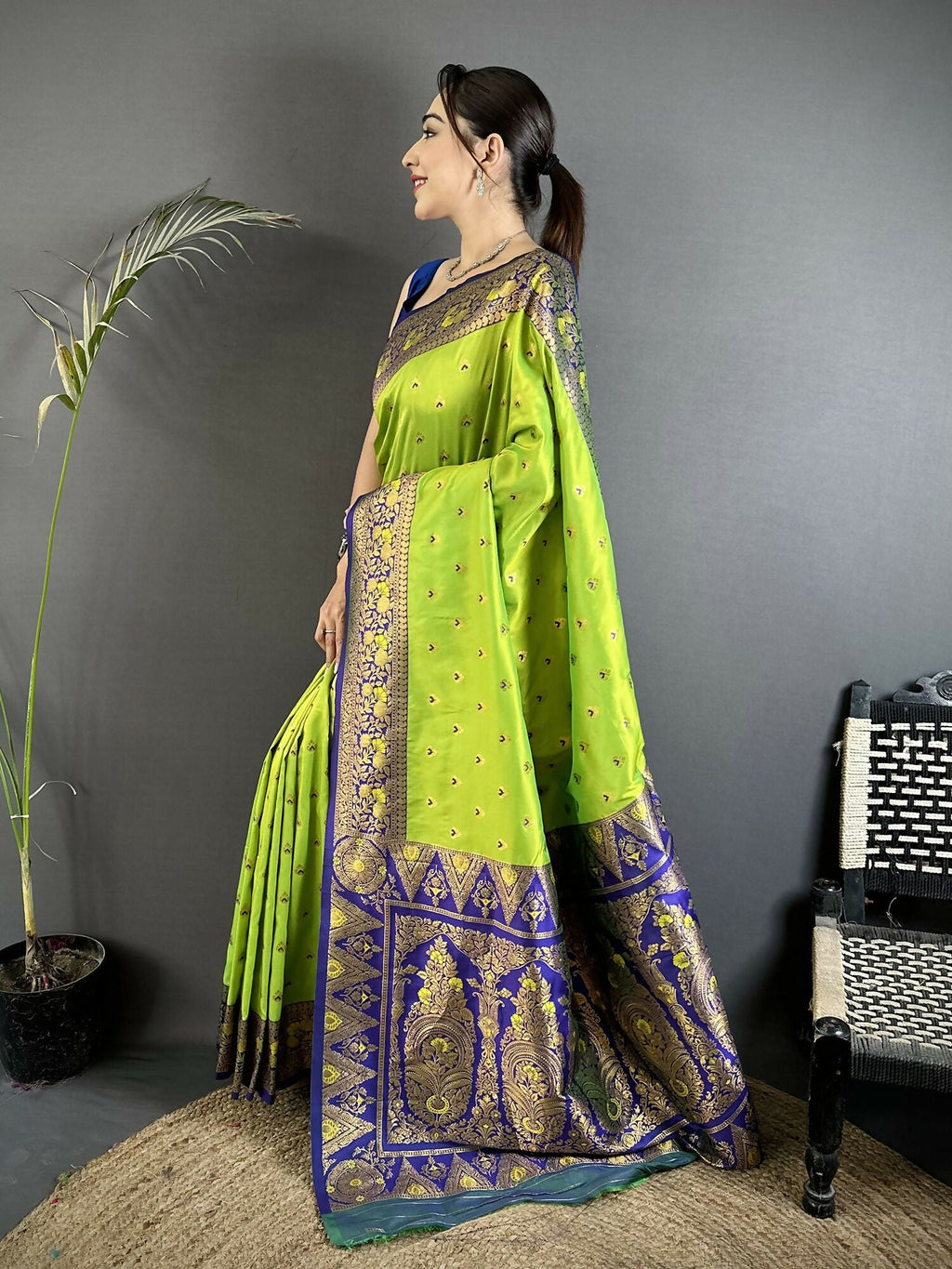 Parrot Green Soft Silk Banarasi Saree with Intricate Motifs