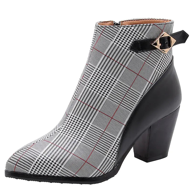 Women's Plaid Print Ankle Boots with Chunky Heel and Buckle - Image 2