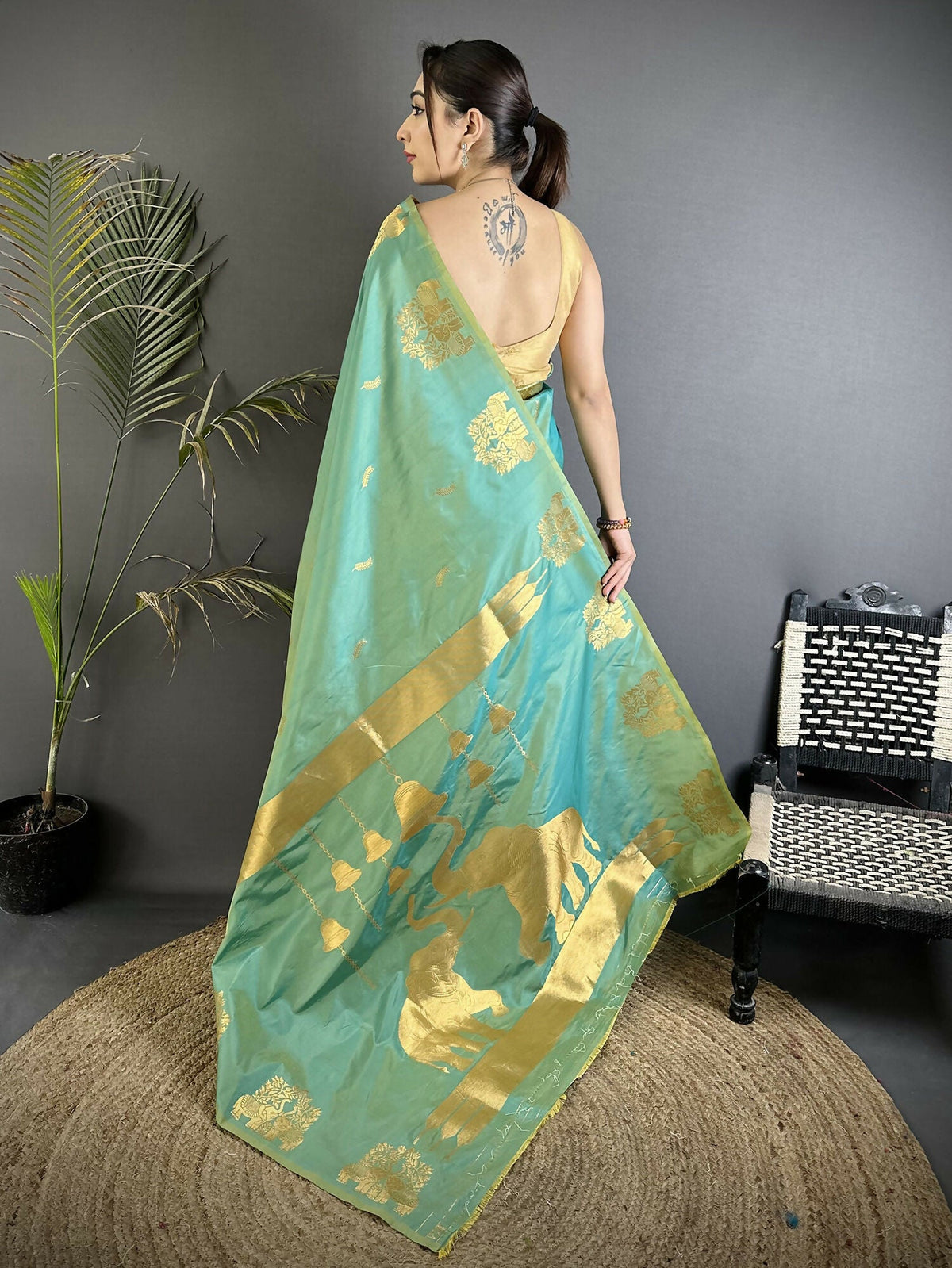 Sea Green Banarasi Saree in Soft Silk with Zari Motifs