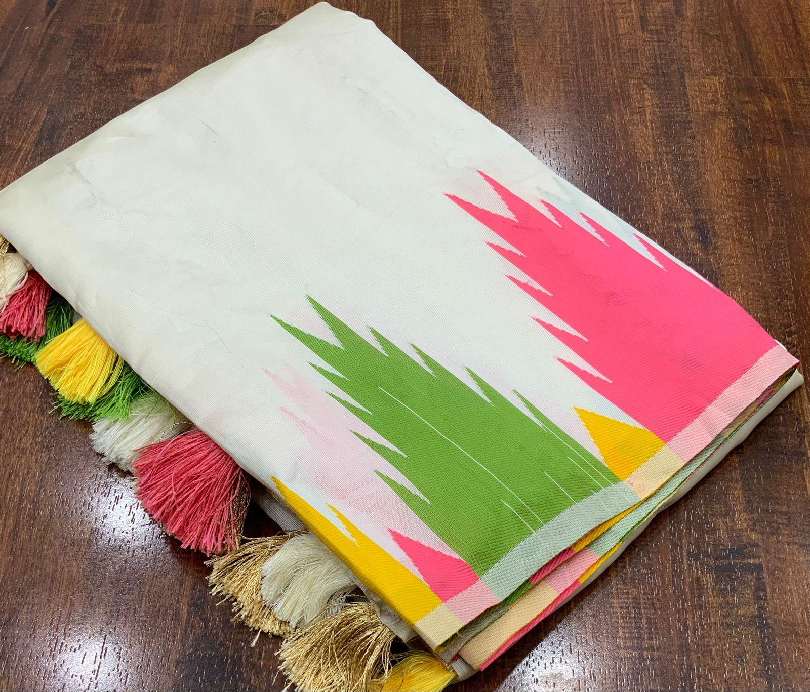 Cream Polycotton Saree with Temple Woven Design and Zari Pallu