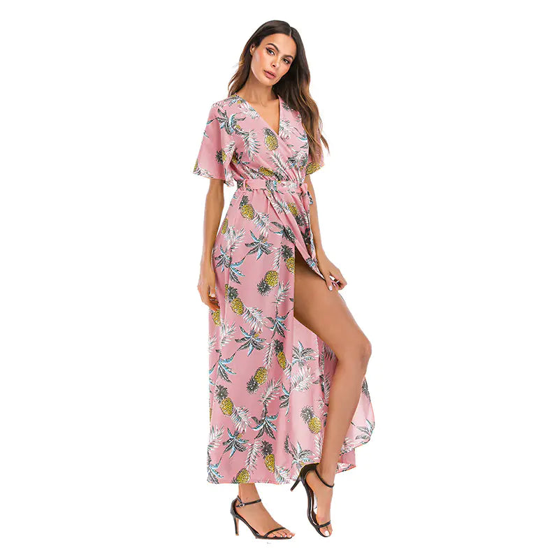 Women's Navy Blue Feather Print V-Neck Summer Maxi Dress - Image 14