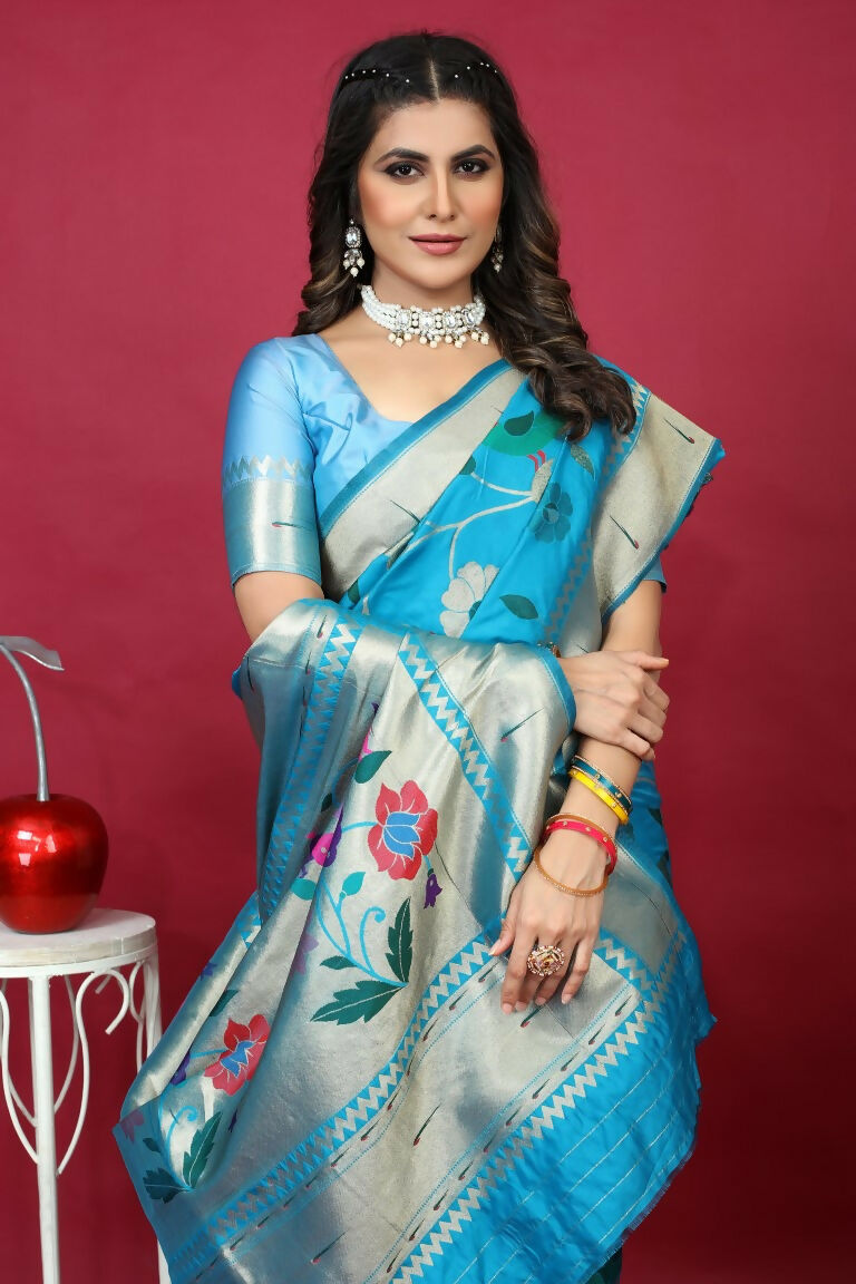 Sky Blue Paithani Silk Saree with Zari Woven Border and Blouse