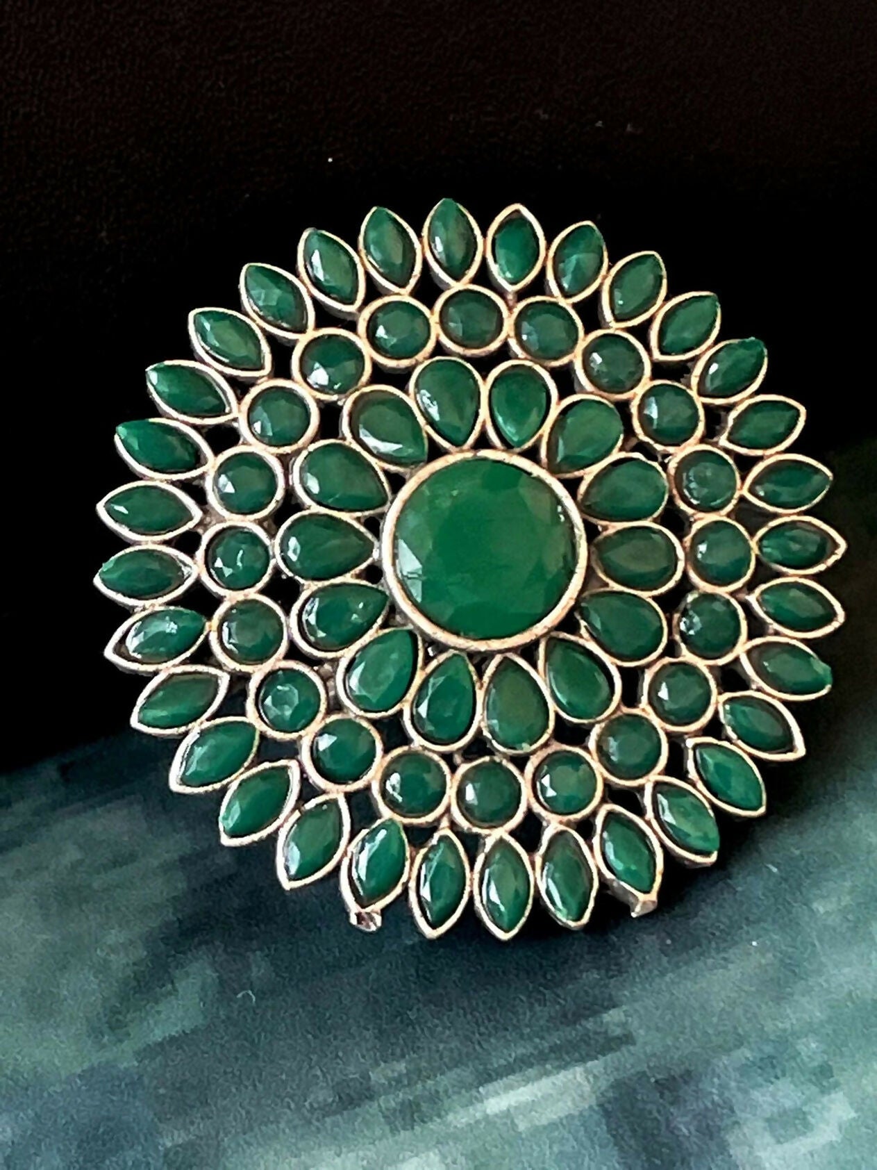 Oversized emerald green Monalisa stone statement ring with antique gold finish