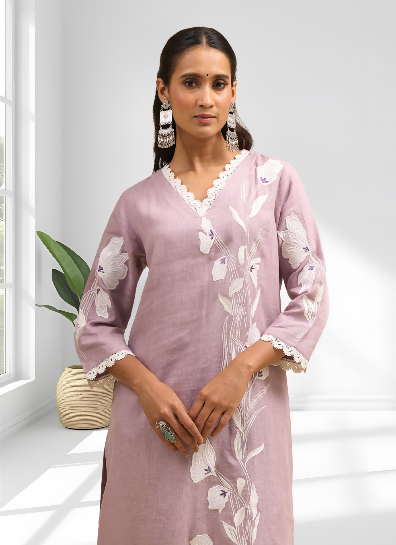 Pink Linen Embroidered Long Kurta Set with Matching Pants
