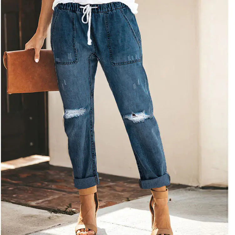 Women's Straight Leg Ripped Jeans with Drawstring Waist - Image 4
