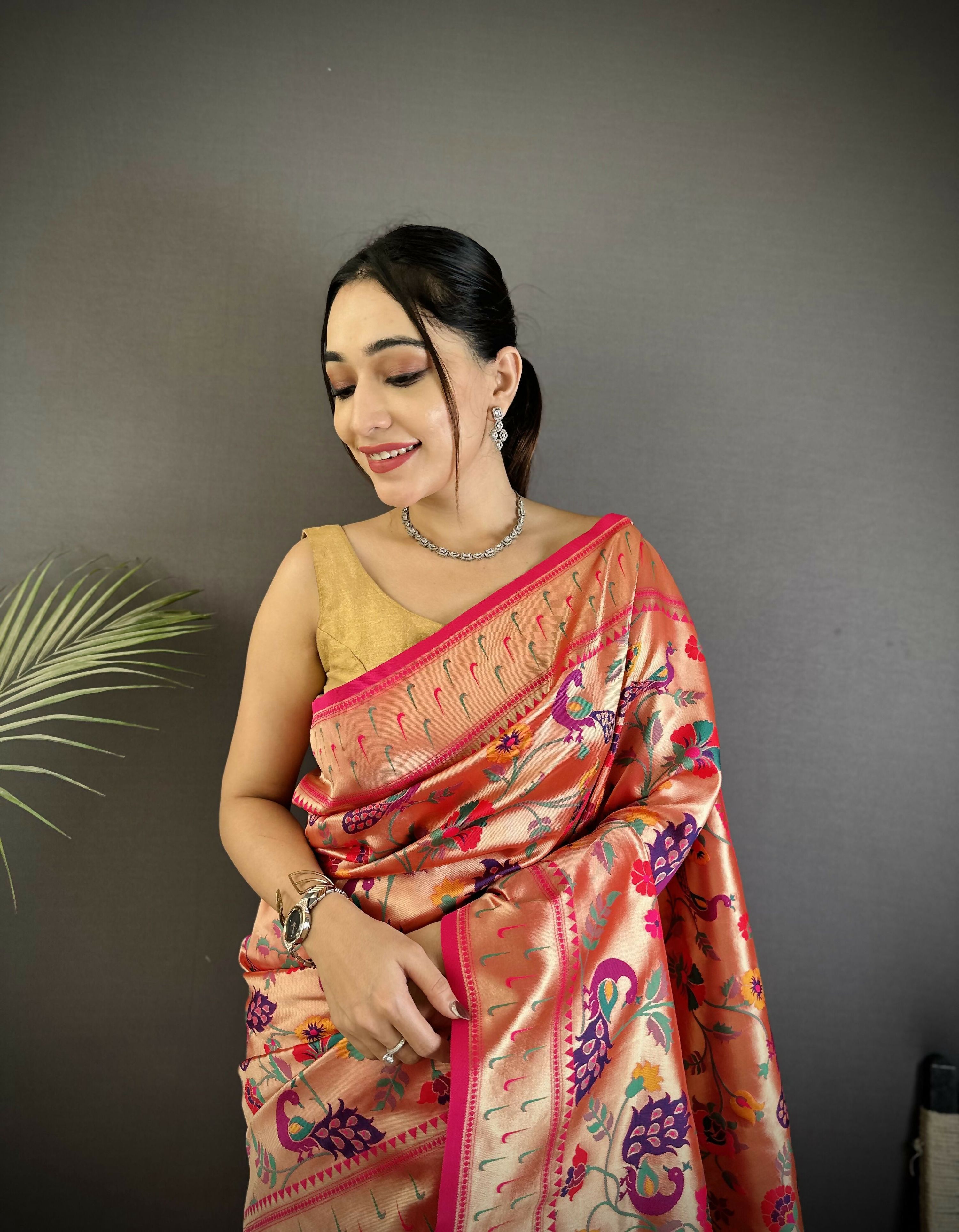 Reddish Pink Peacock & Floral Soft Silk Paithani Saree