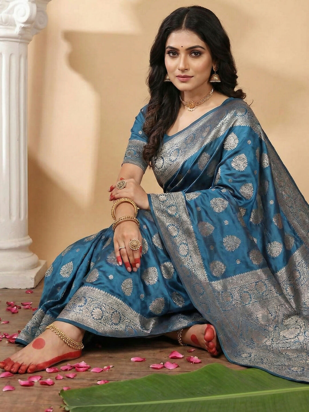 Teal Blue Silk Blend Saree with Matching Blouse Piece