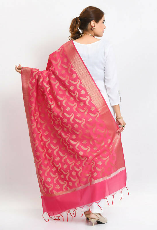 Pink Floral Woven Design Banarasi Silk Dupatta