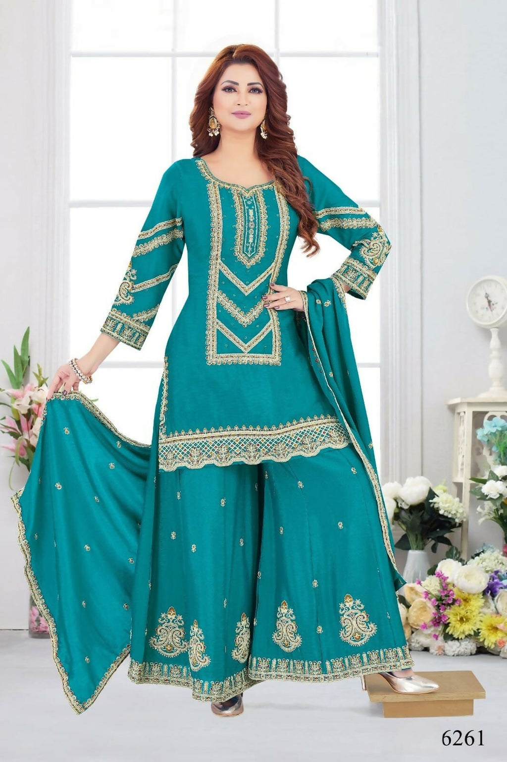 Rama Green Chinon Silk Kurta Set