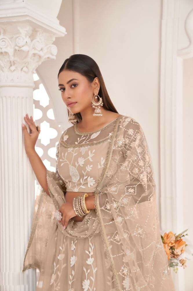 Dusty Chiku Butterfly Net Lehenga with Zari and Sequence Work