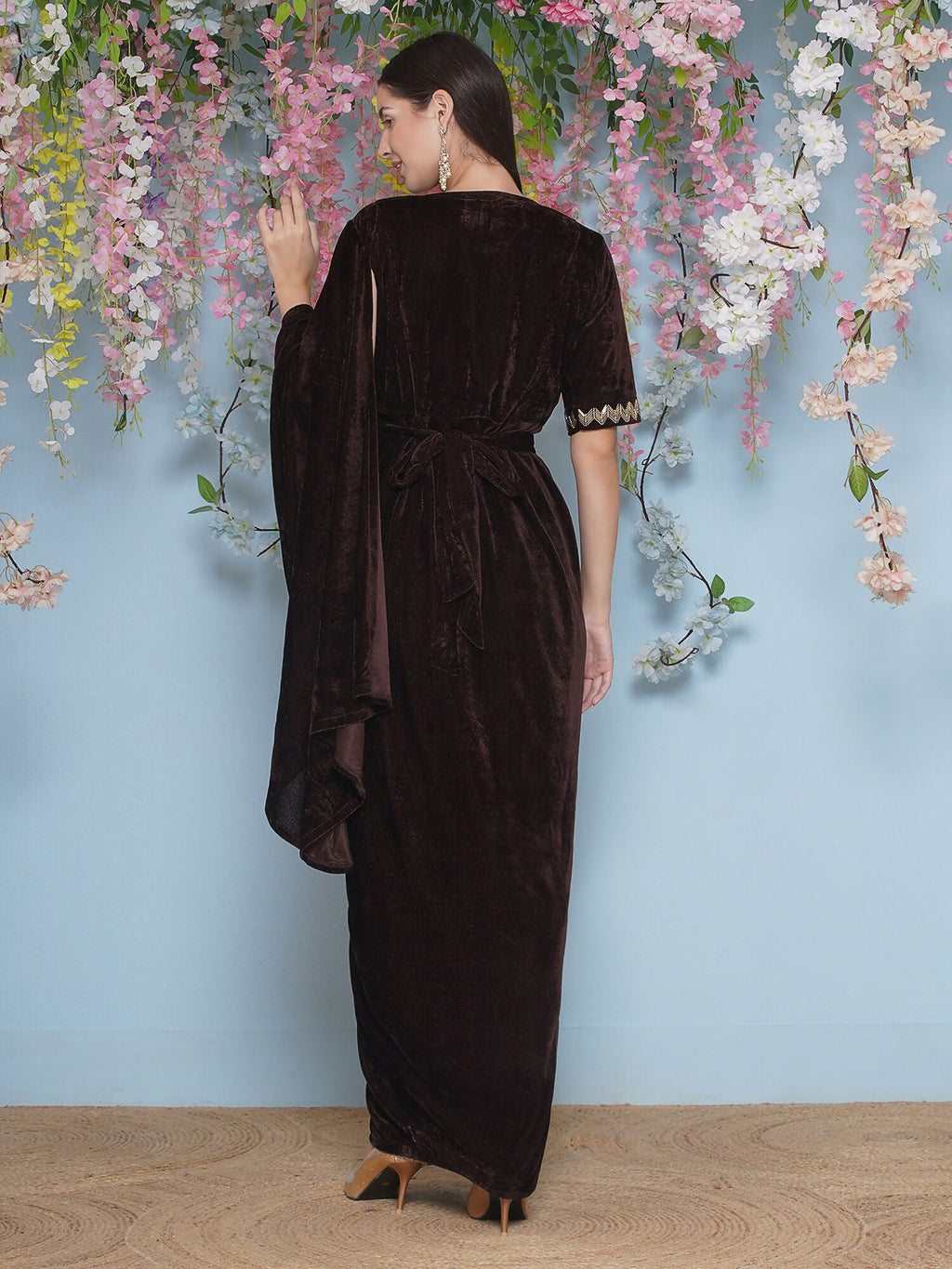 Brown Velvet Hand Embellished Gown With Drape and Belt