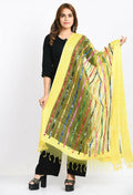 Lemon yellow organza dupatta with multi-thread and mirror work