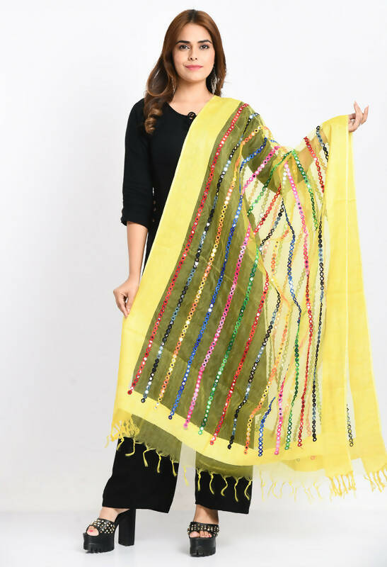 Lemon yellow organza dupatta with multi-thread and mirror work