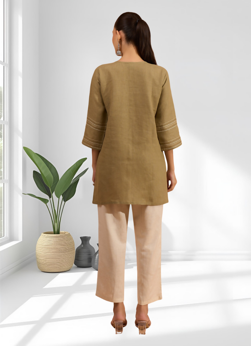 Light Brown Linen Embroidered Tunic with Split V-Neck