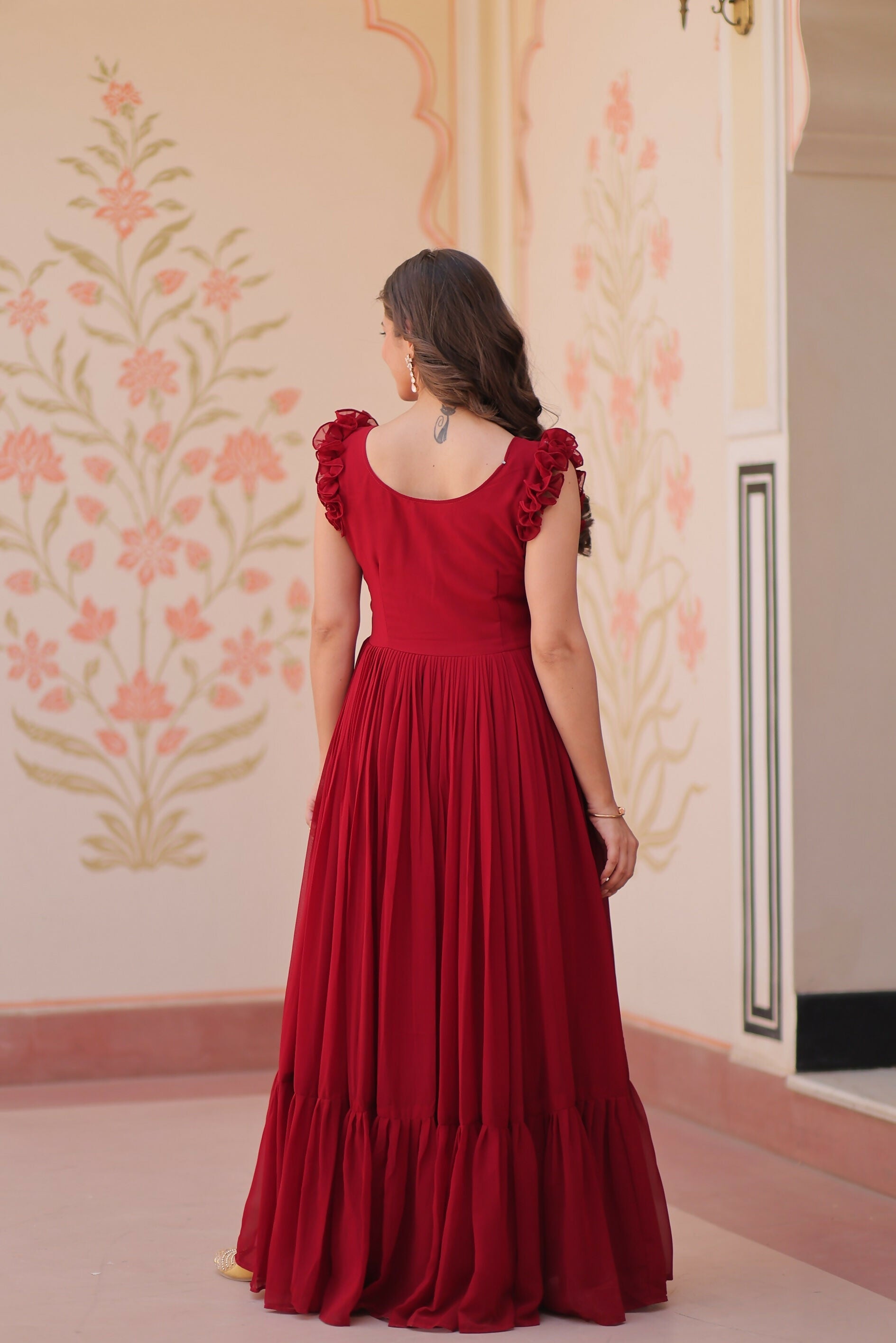 Maroon Georgette Gown with Exquisite Sequence Embroidery Work