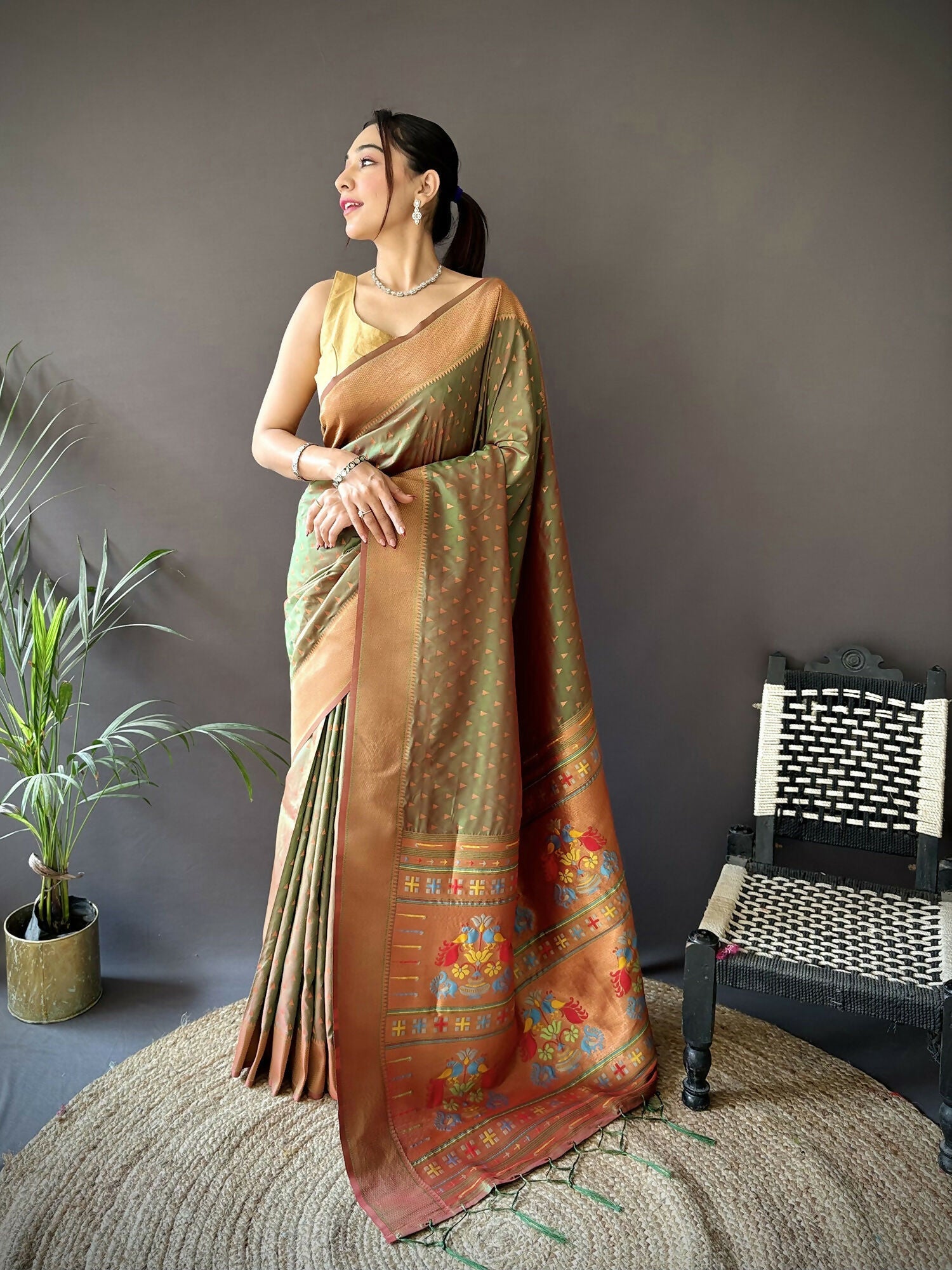 Olive Green Jacquard Butti Soft Lichi Silk Paithani Saree with matching blouse