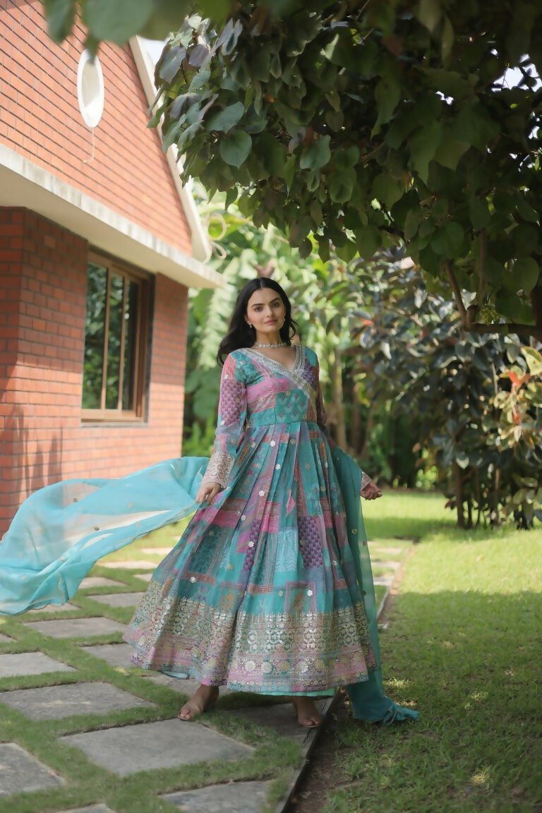 Sky Blue Russian Silk Anarkali Dress with Digital Print & Embroidery