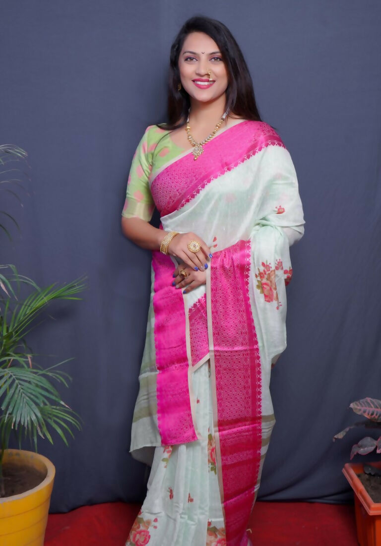 Magenta Linen Silk Digital Print Saree with Jacquard Border