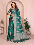A beautiful green soft organza silk weaving saree with intricate details.