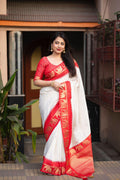 Red silk saree with zari woven chex, elephant border, and rich pallu.