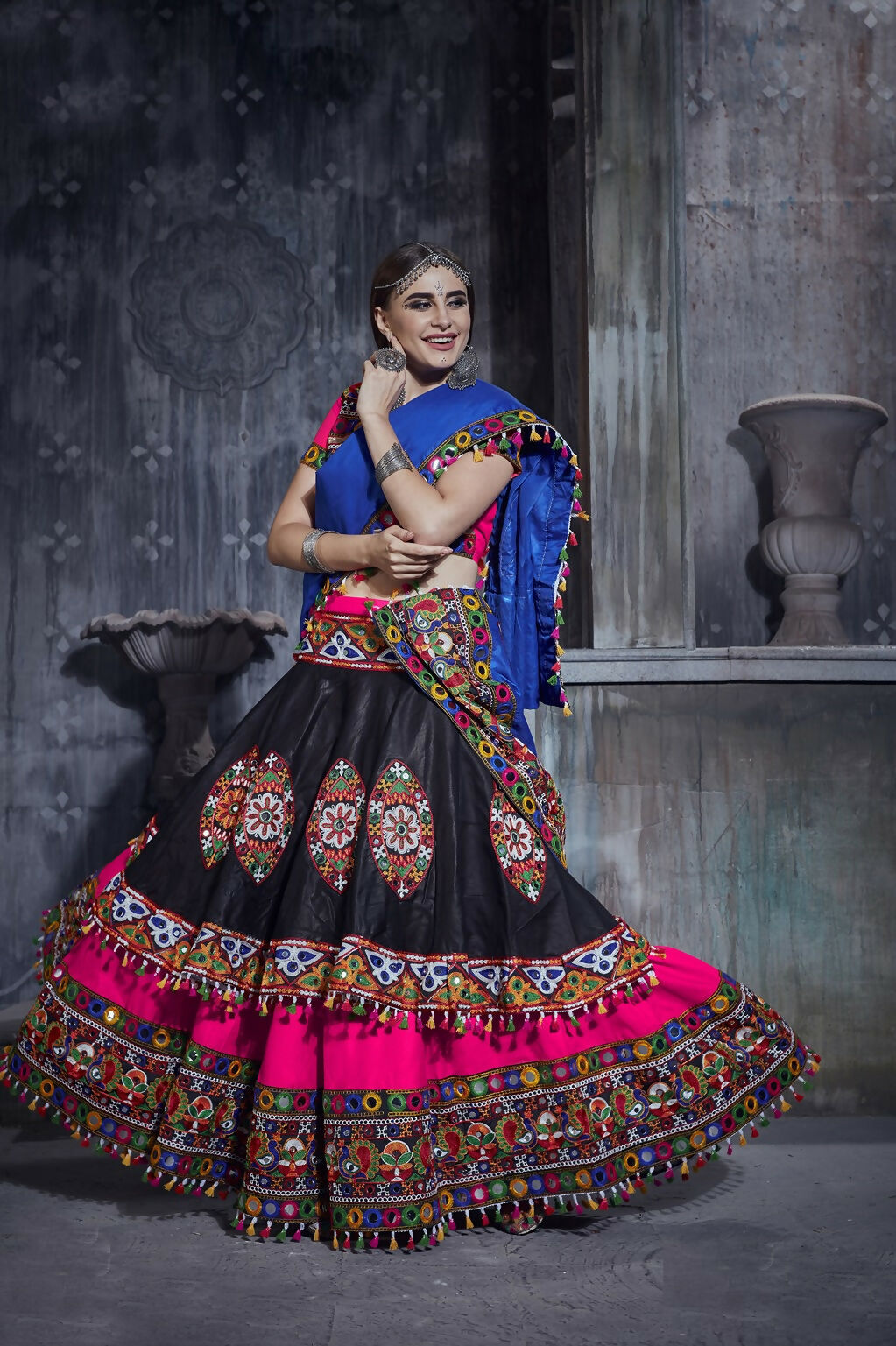 Black-Pink Art Silk Designer Navratri Lehenga Choli Set