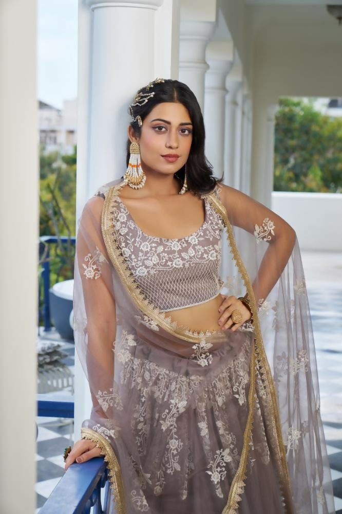 Light Dusty Brown Butterfly Net Wedding Lehenga with Thread Work