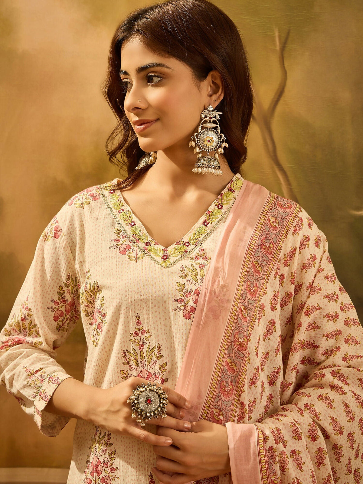 Printed Cream Pure Cotton Kurta Set with 3/4 Sleeves