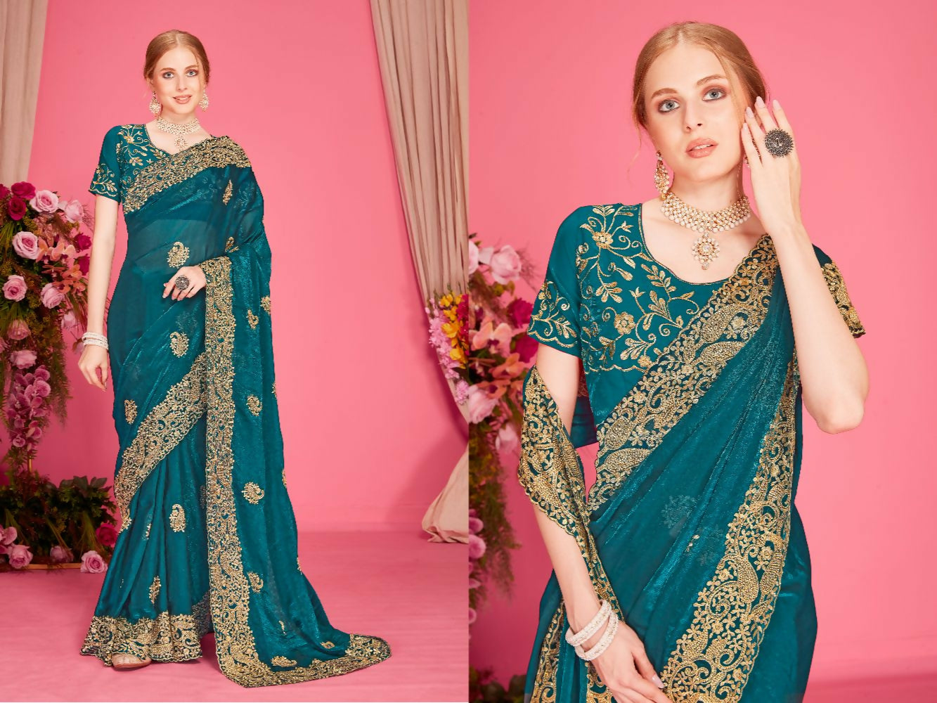Morpeach Fendi Two Tone Silk Saree with heavy zari and zircon embellishments
