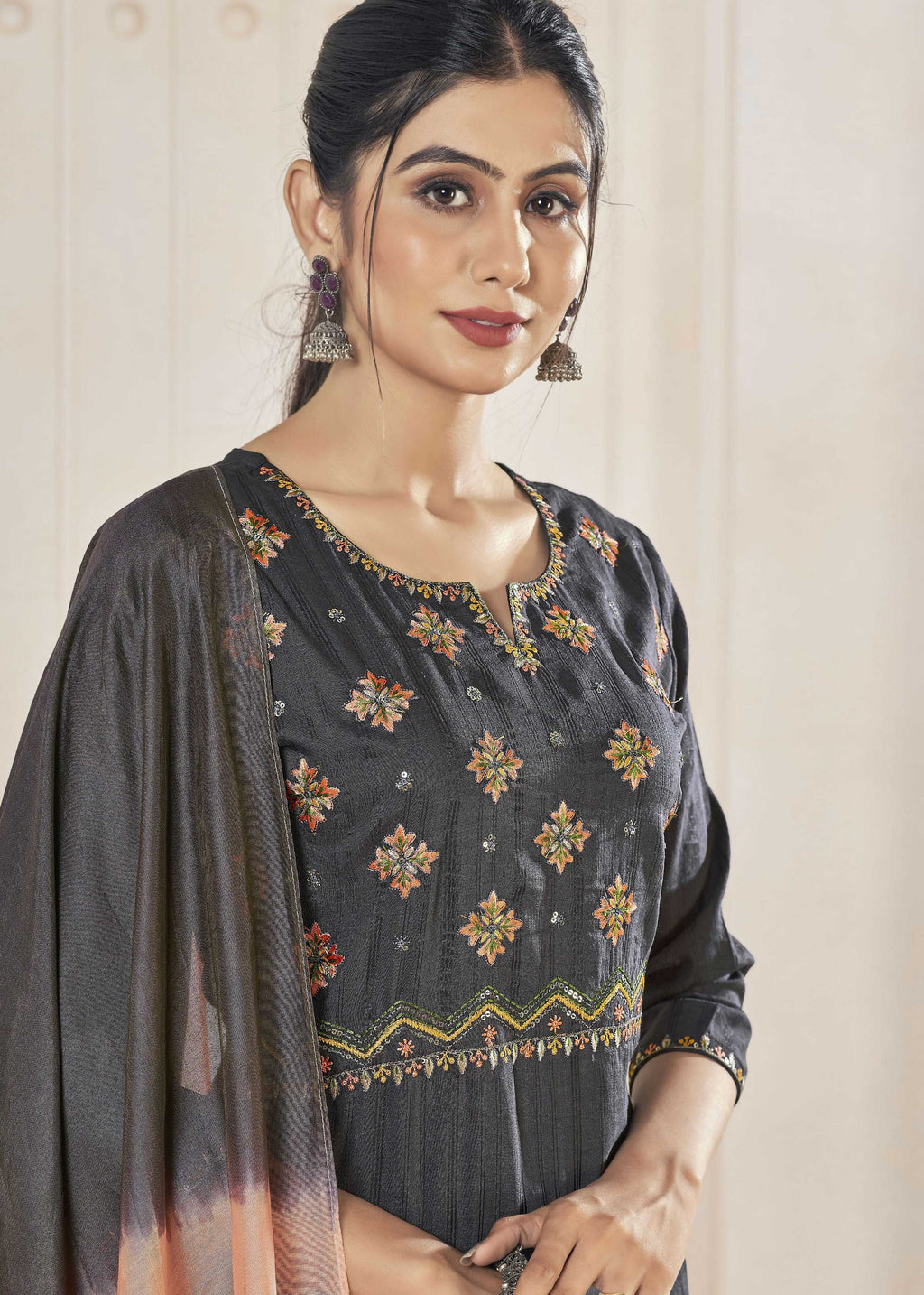 Women's Black Pure Viscose Straight Kurta with Embroidery Details