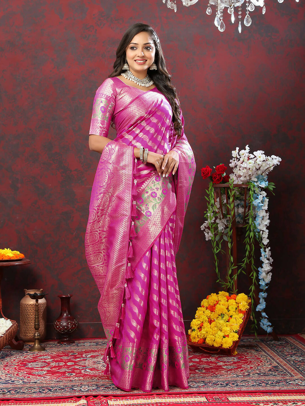 Magenta Leheriya Soft Silk Saree with Zari Weaving