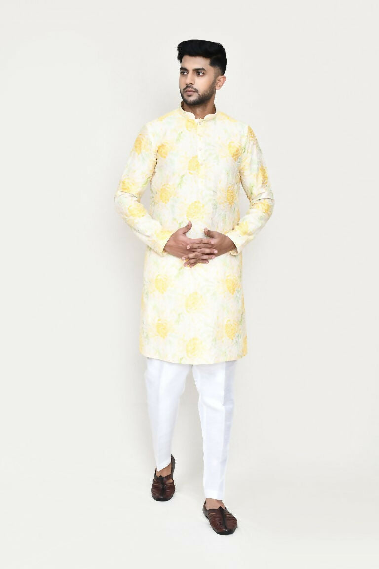 Yellow Rayon Digital Print Kurta with Straight Fit Pant